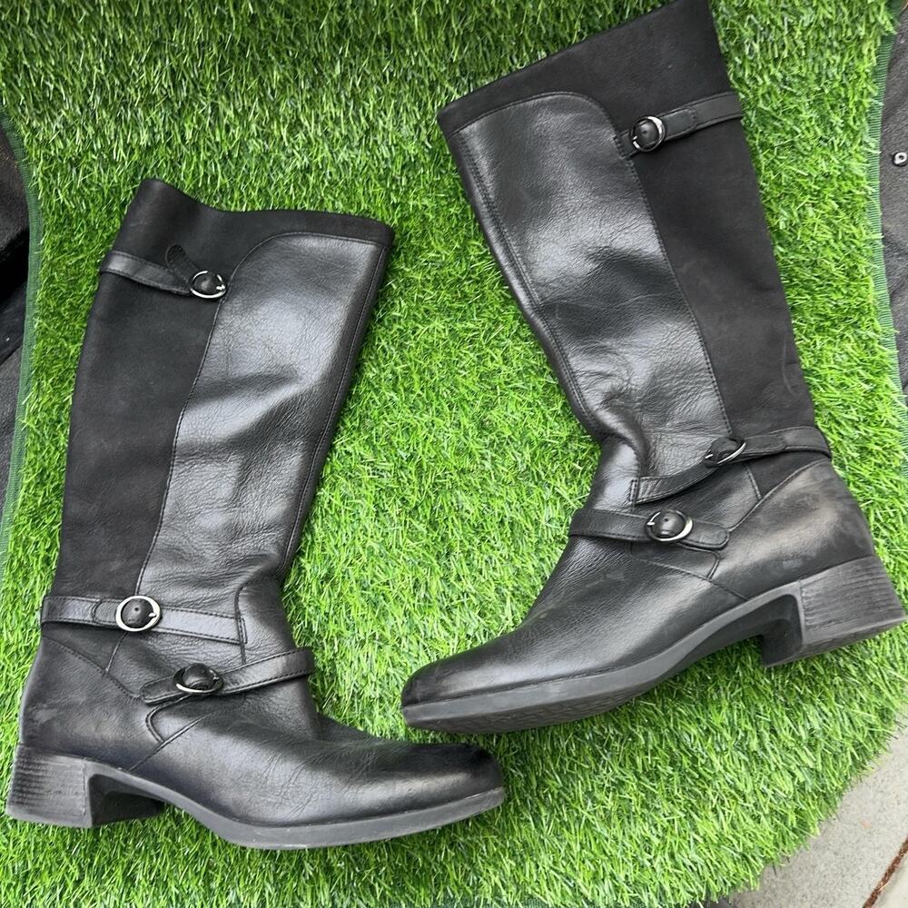 Dansko Lorna Black Leather Knee High Riding Boots Womens 8.5 Buckle Zip Comfort